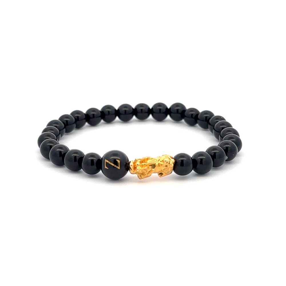 18K Gold Pixiu Piyao Bracelet Gemstones Onyx 6mm Elastic Bracelet Letter Z